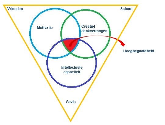 Model van Mönks waarin 3 cirkels in een driehoek te zien zijn. In de punten van de driehoek staat vrienden, school en gezin. Dit heeft invloed op de 3 cirkels: motivatie, creatief denkvermogen en intellectuele capaciteit. Daar waar deze 3 cirkels elkaar overlappen is een stukje roodgekleurd en dat is hoogbegaafdheid.