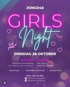 flyer Girls Night. Op dinsdag 28 oktober in Sittard en Geleen.